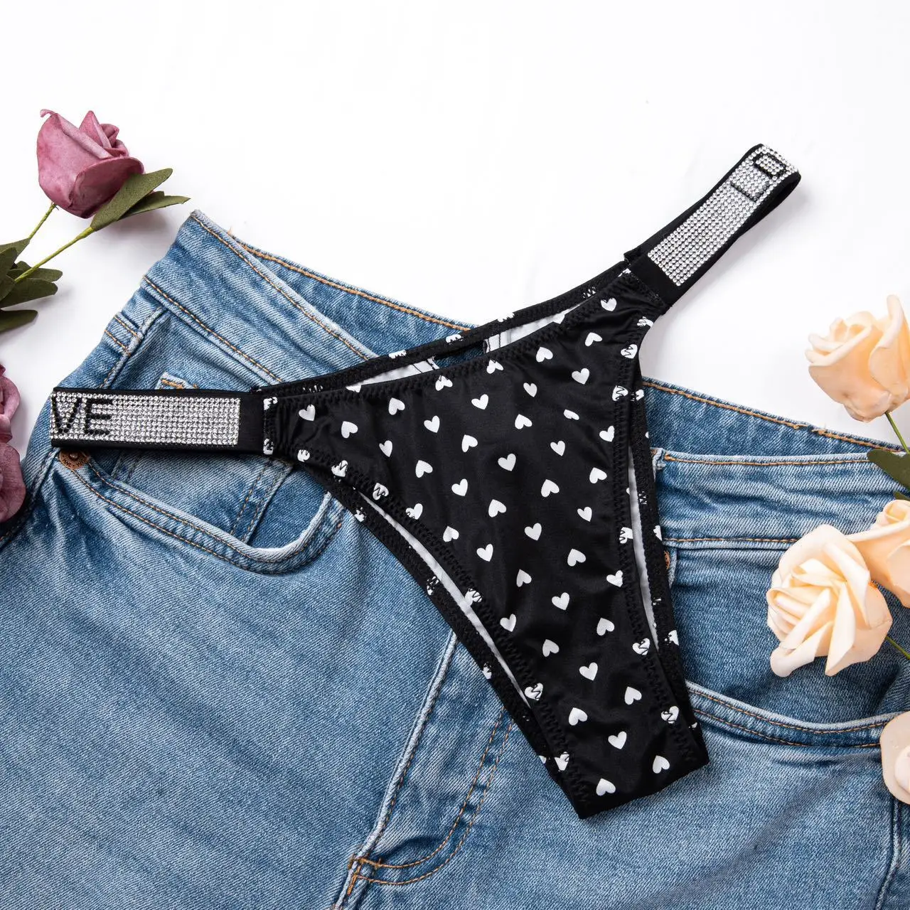 LOVE rhinestone side strap hot sexy panties photos Low waist comfortable ice silk  ladies cotton underpants