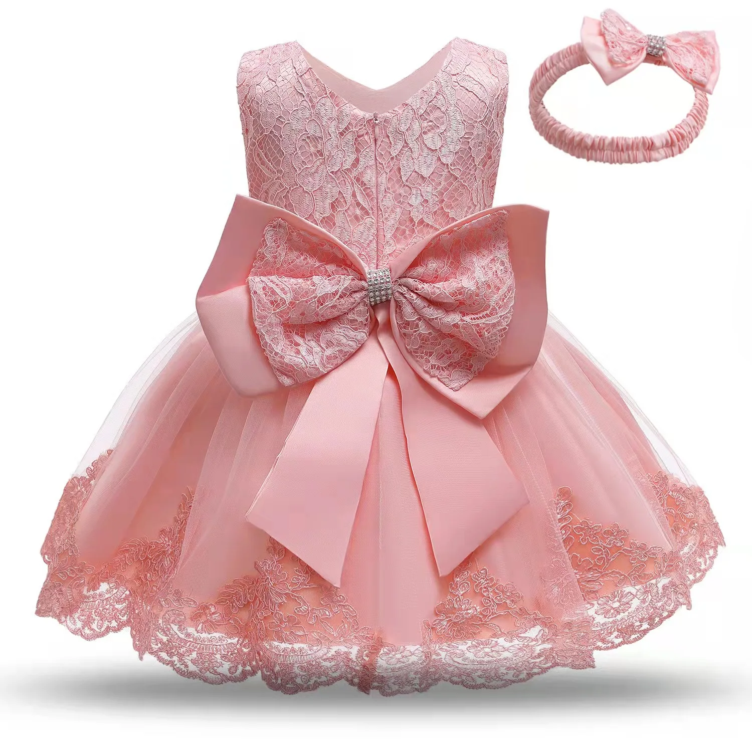 Children Princess Sleeveless First Communion Pink Kids Birthday Party Wear Frocks Pink Flower Baby Girl Dress with Bow