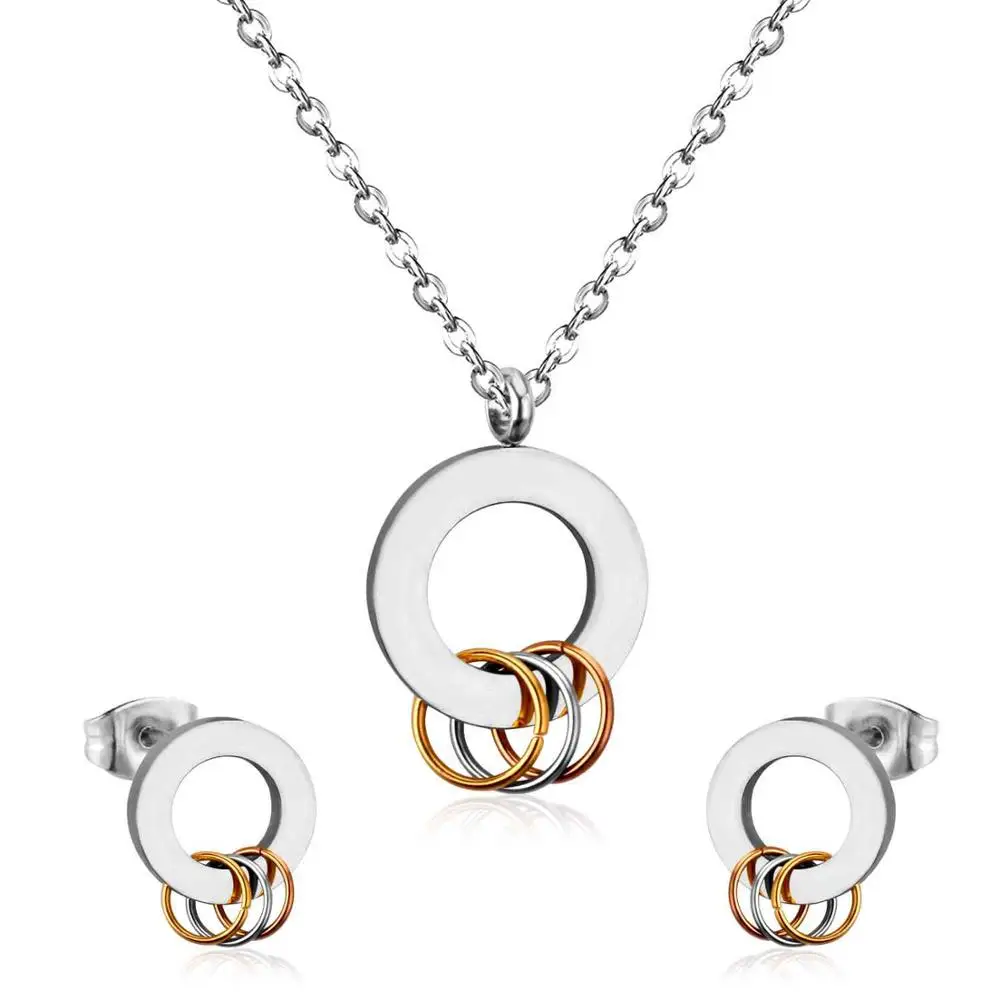 Top Selling Women Necklace & Earring Jewelry Set Gold Stainless Steel Round Circle Jewelry Accessories Set