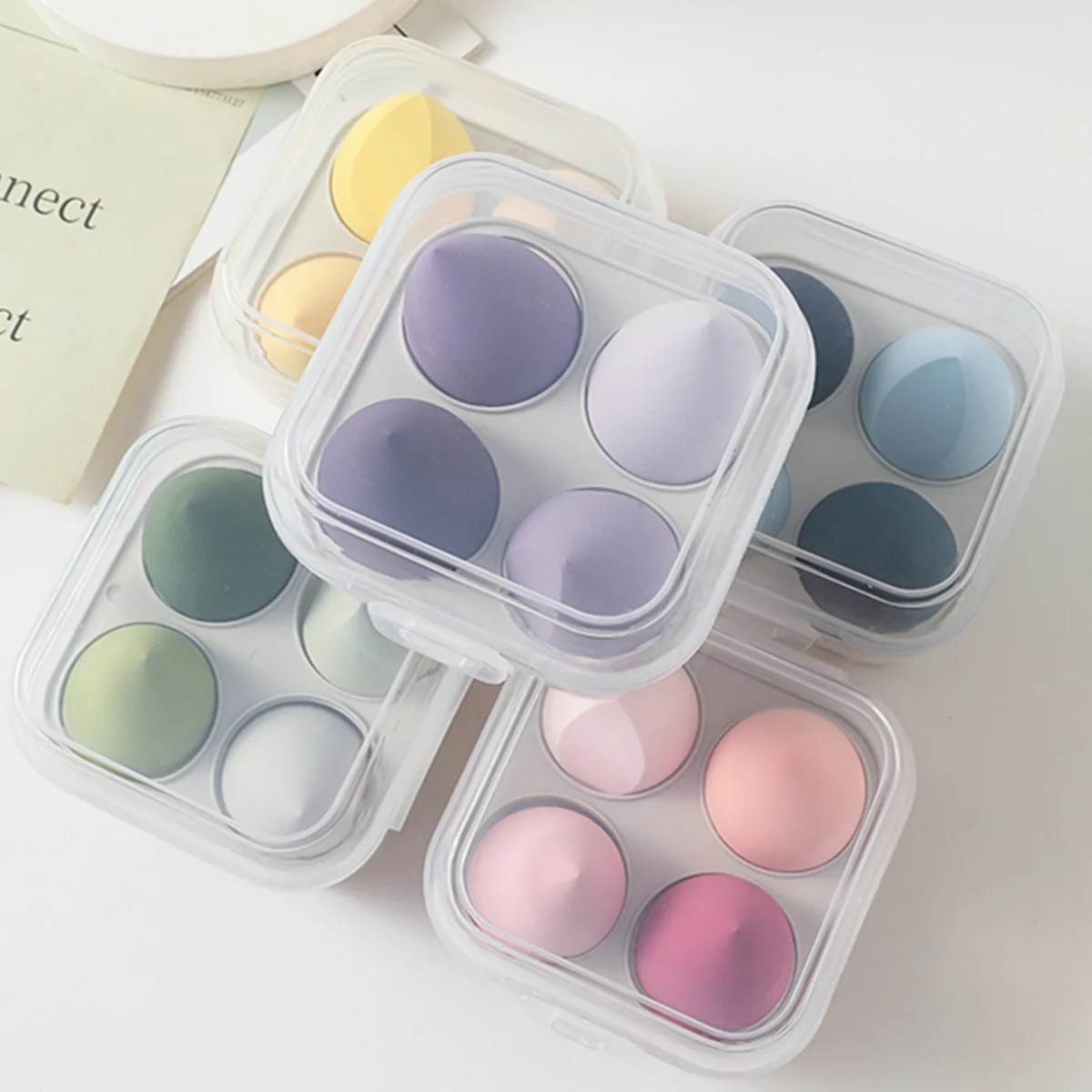 4pcs/pack Cosmetic Egg Powder Puff Box OEM Colorful Organic Beauty Foundation Puff Blender Latex Free Vegan Makeup Sponge Set