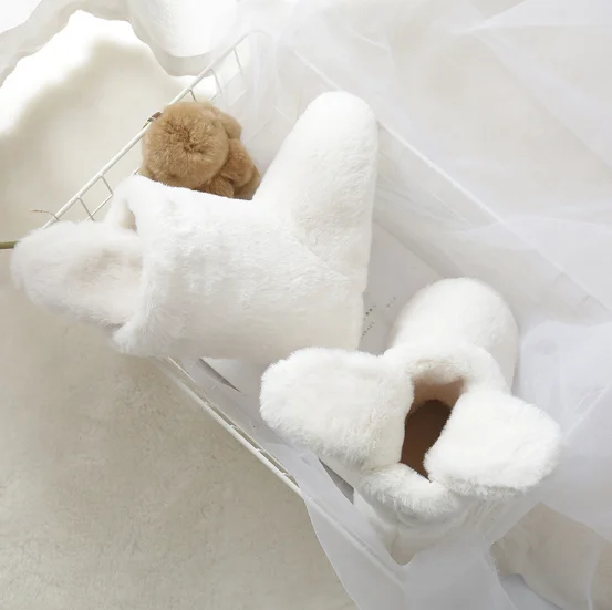 Rabbit fake  fur boots woman winter warmer  boots cotton plush 2021 non-slip soft sole indoor women winter boots