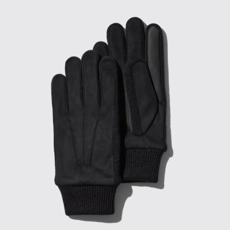 Men Women Winter Cashmere Wool Lined Black Suede Leather Touch Screen Gloves with Knit Cuffs