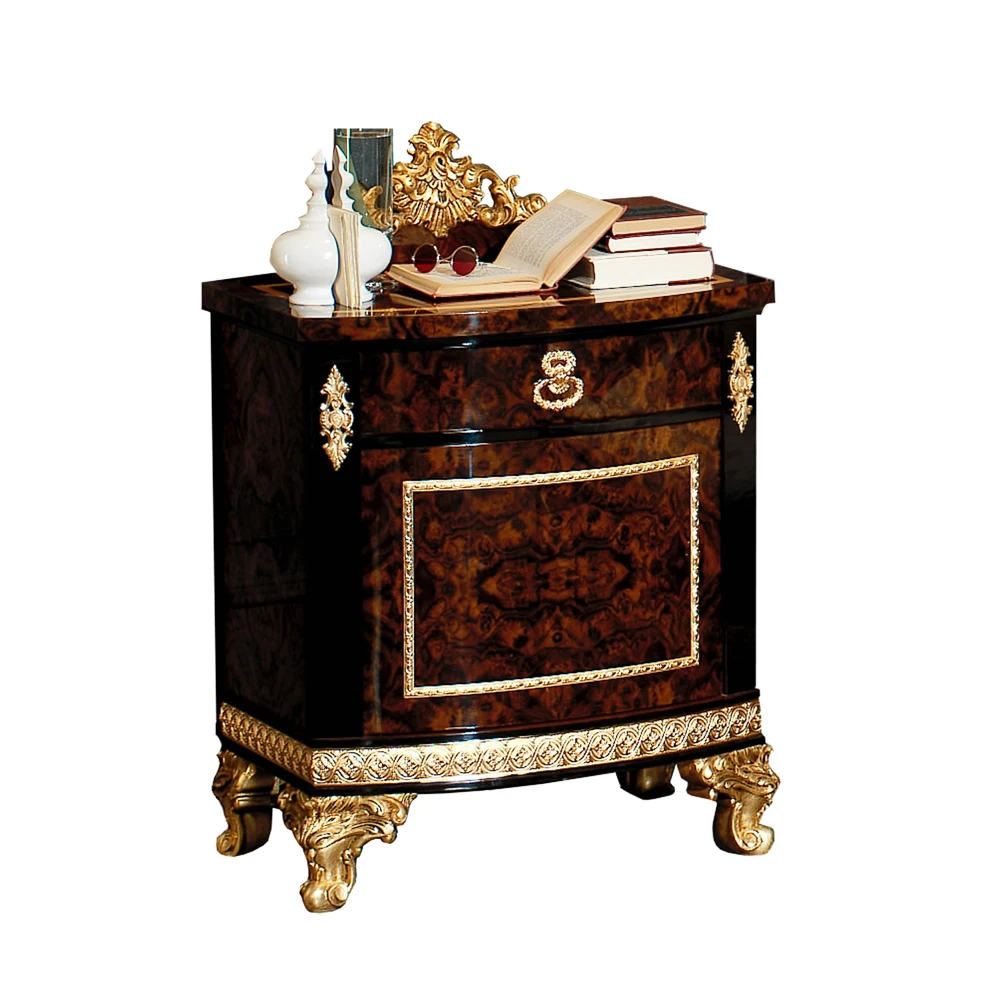 Regency Designed Classic Antique Golden Crown and Walnut Burl Ornate Nightstand Bedside Table for Villa