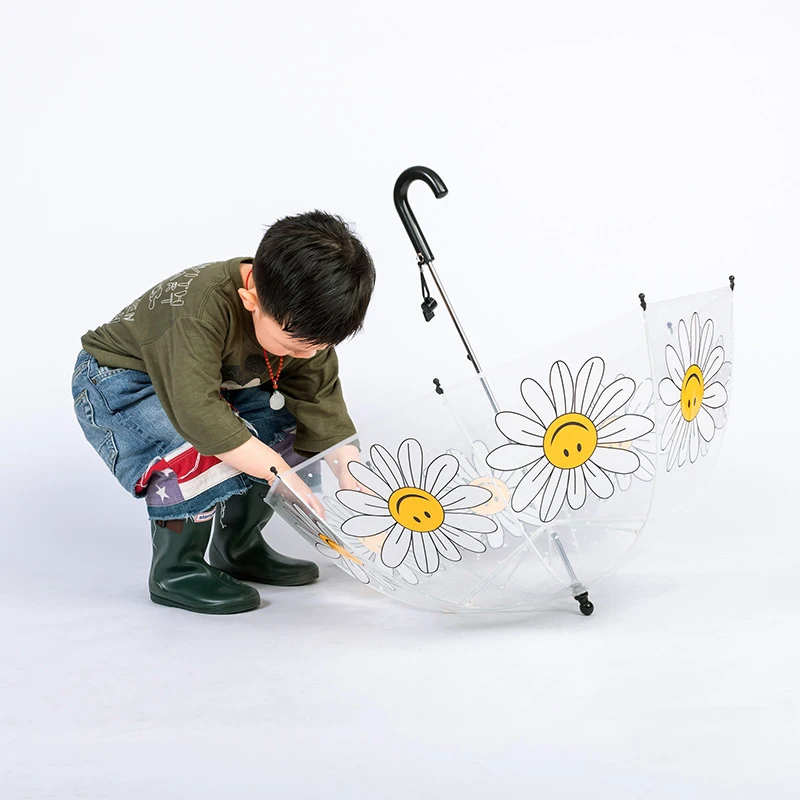 DD2812  Cartoon Flower Daisy Clear Umbrellas 3-8 Years Stick Rain Umbrella POE Kids Girls Boy Cute Sunflower Children Umbrella