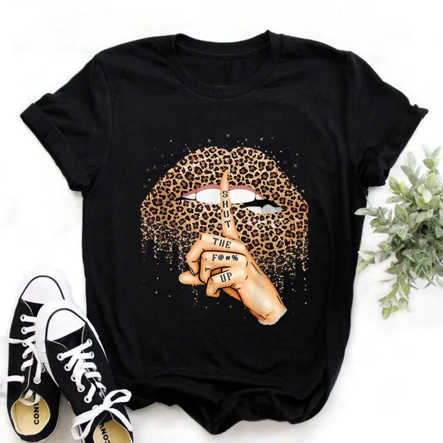 Woman Graphic T Shirts Polyester Leopard Print Lips Cheap Graphic T Shirts Women 2022 Tshirt