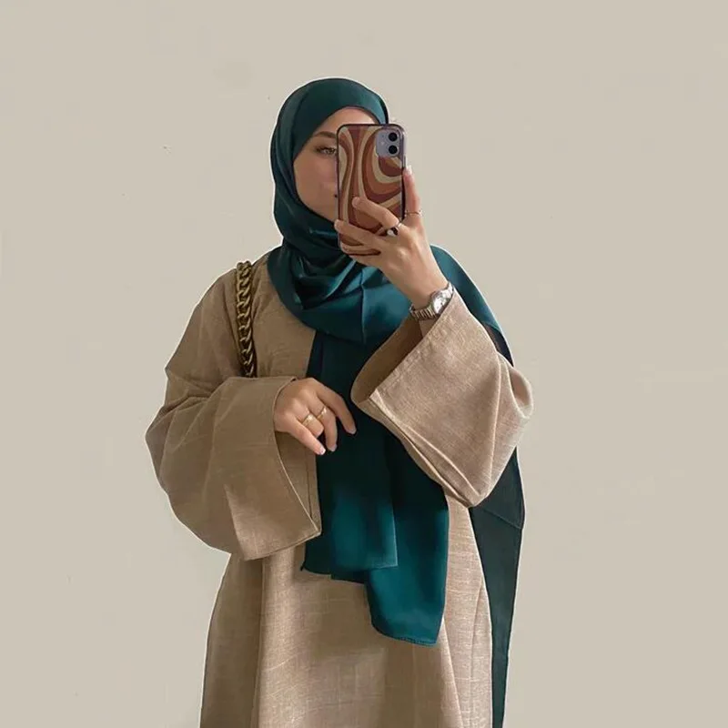 2023 The New Fabric Designs Plain Color Closed Linen Abaya Dress Muslim Linen Abaya Coat Kimono For Women Dress