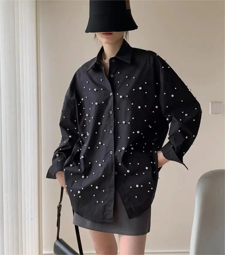 CHICEVER 2024 Casual Soild Lady Blouses Patchwork Pearl Spliced Single Breasted Long Sleeve Loose Shirts For Women