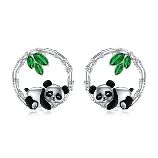 Animals  Panda Bamboo With Zircon 925 Sterling Silver Hoop Stud Earrings For Women