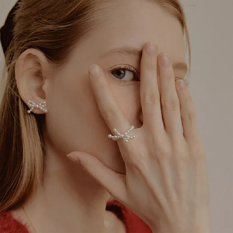 Japan Style 925 Sterling Silver Needle Pearl Bow Stud Earrings Finger Pearl Rings