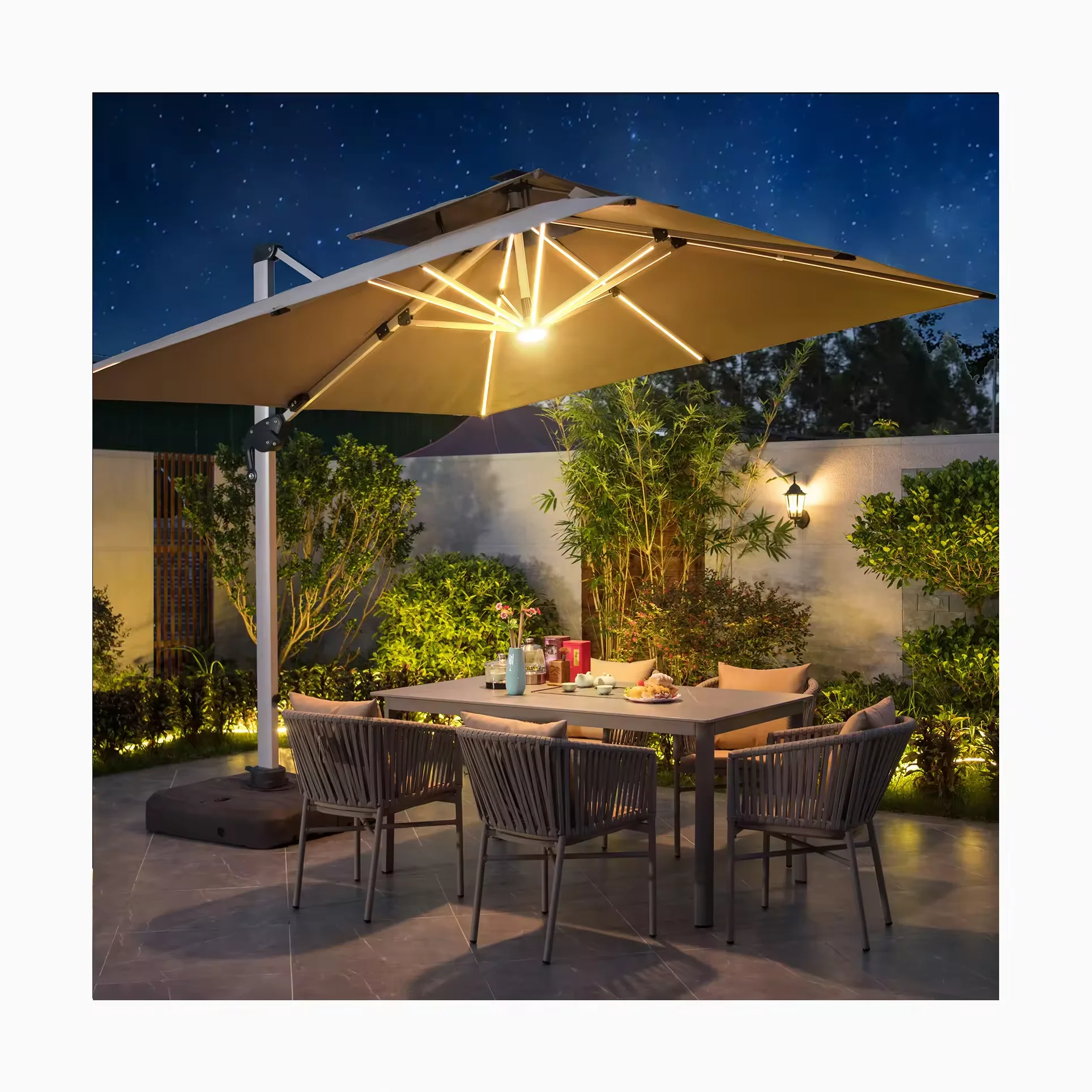 [MOJIA]Turkey Hotel Beach Strongest Wind Resist Big Size Outdoor Parasol LED Full Lamp Stripe Night Light Restaurant Umbrella
