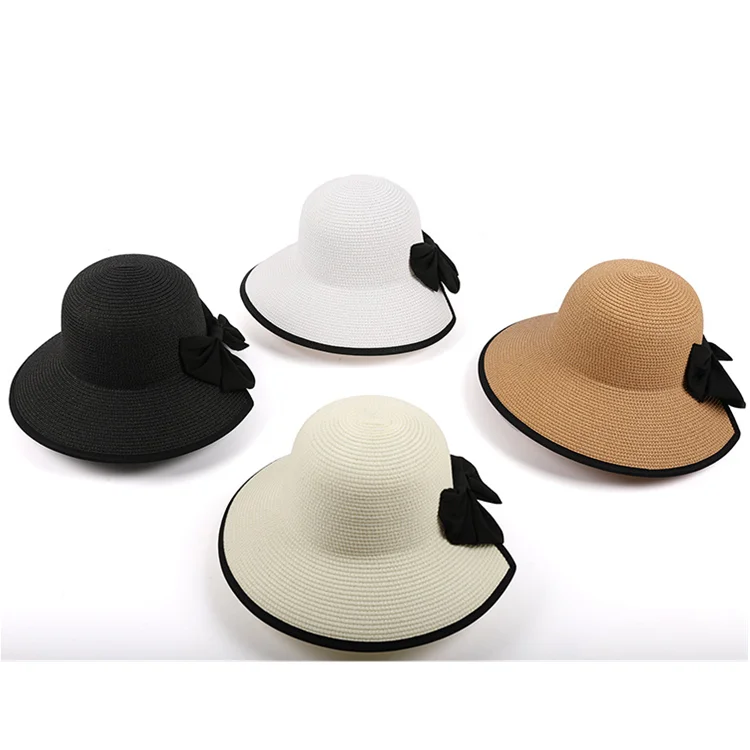 Holiday Gift Wide Brim Ladies Straw Hats, Vacation Summer Beach Women Colorful Floppy Foldable Straw Hats With Bowknot Ribbon