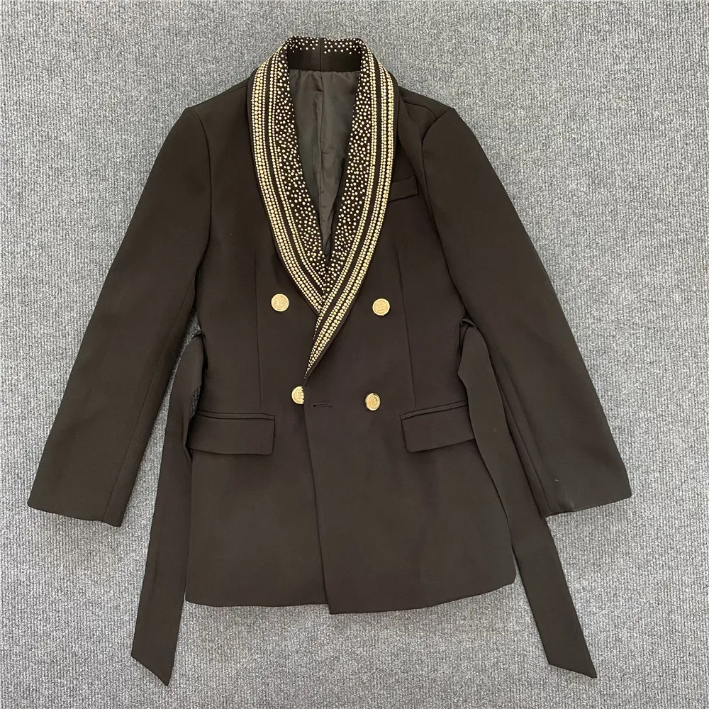 H3295 Customized Office Lady V-Neck Double Beaded Outfit Black Full Sleeves Blazers Ladies Women