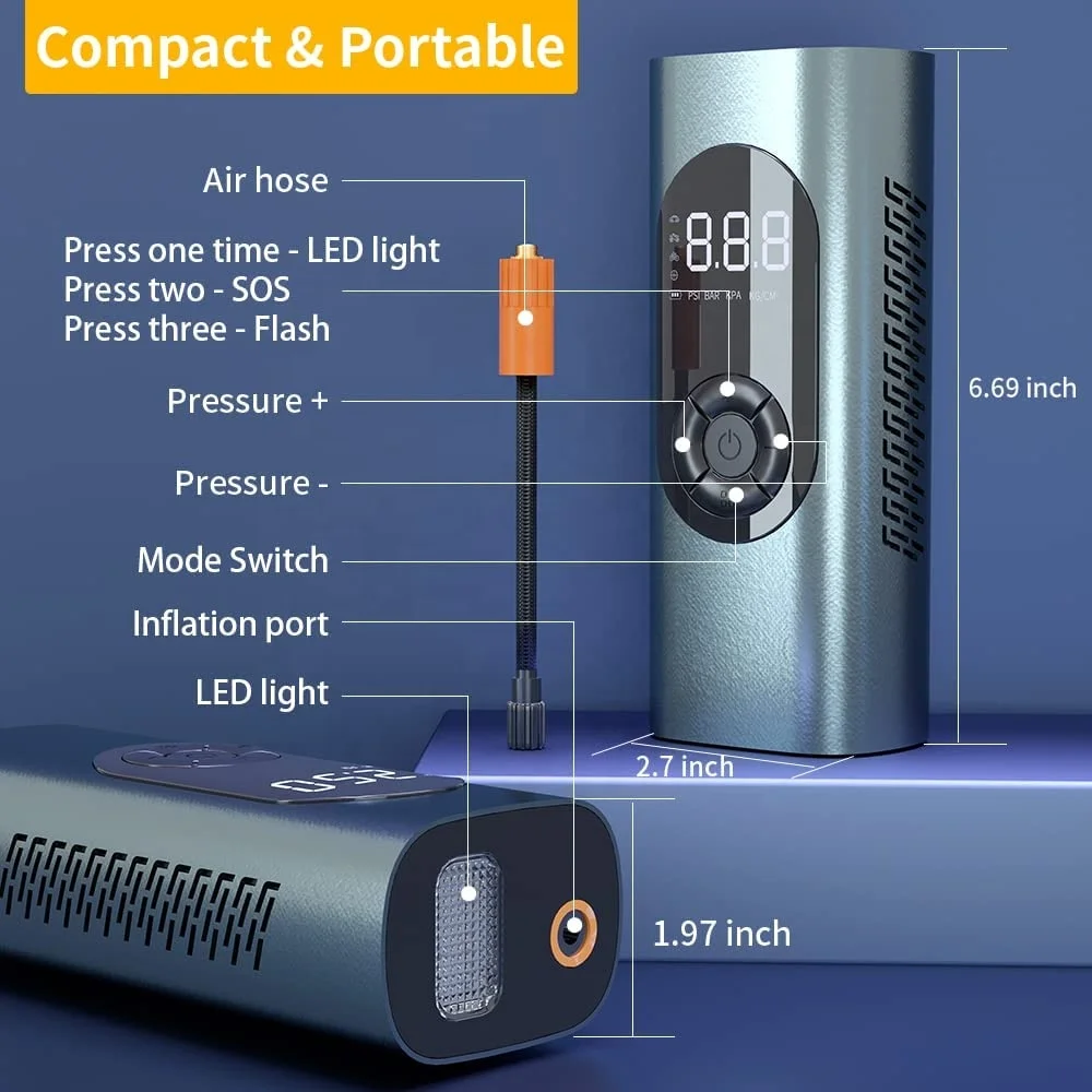 New Arrival Wireless digital mini portable battery cordless car air pump compressor tire tyre inflators rechargeable bicycle