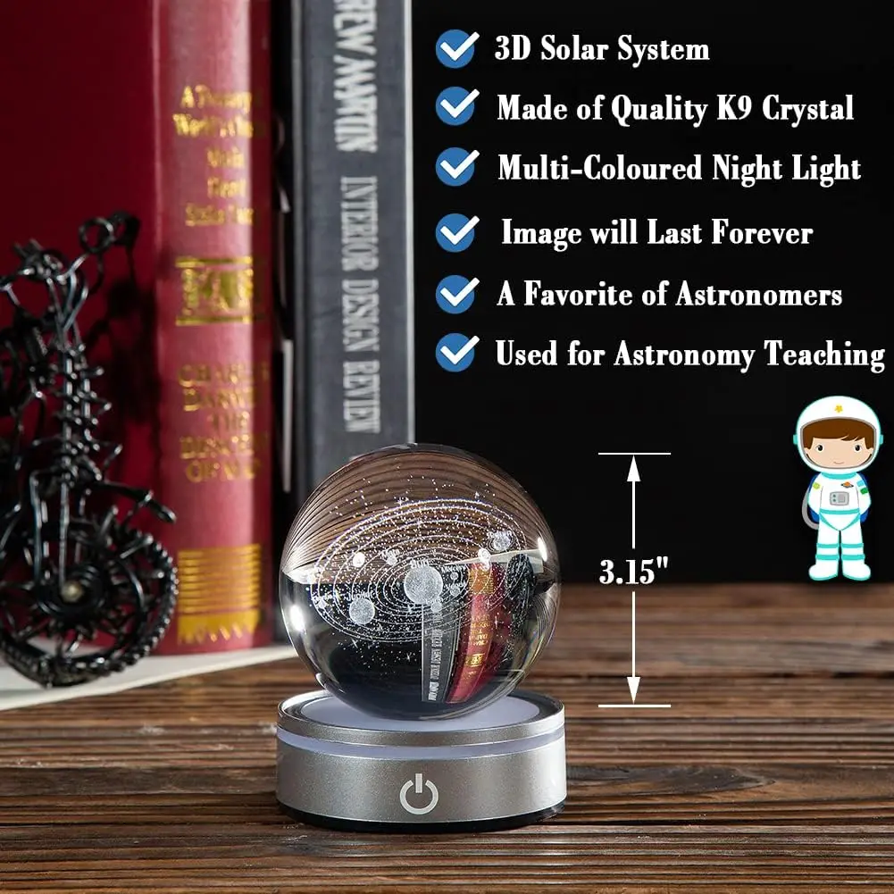 3D Art Laser Engraving Solar System Crystal Ball Led Night Light With LED Base