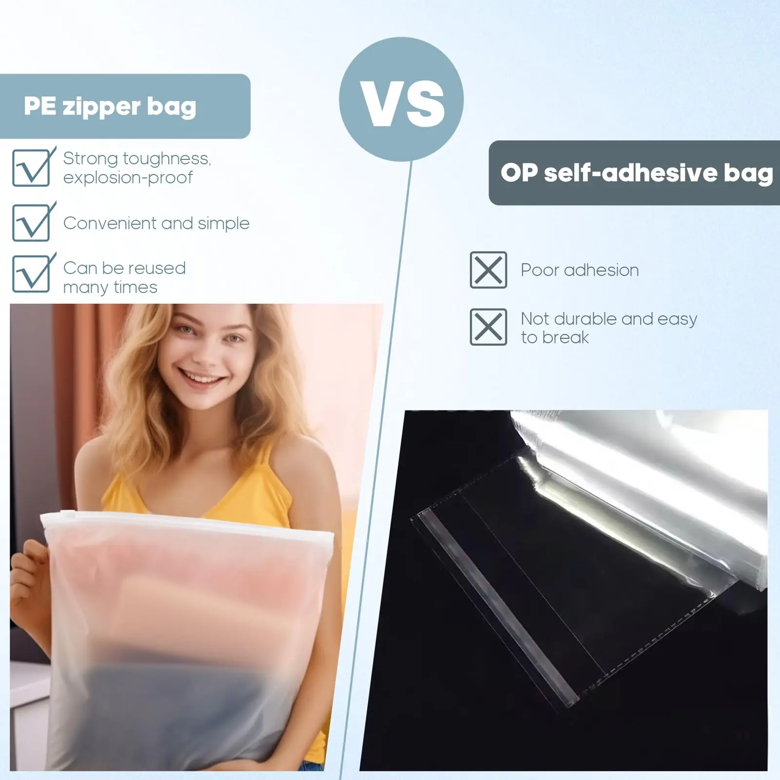 Customized Label Logo Square Transparent Reusable Slider Zipper Clothing T-Shirt Packaging Frosted Plastic Ziplock Bag