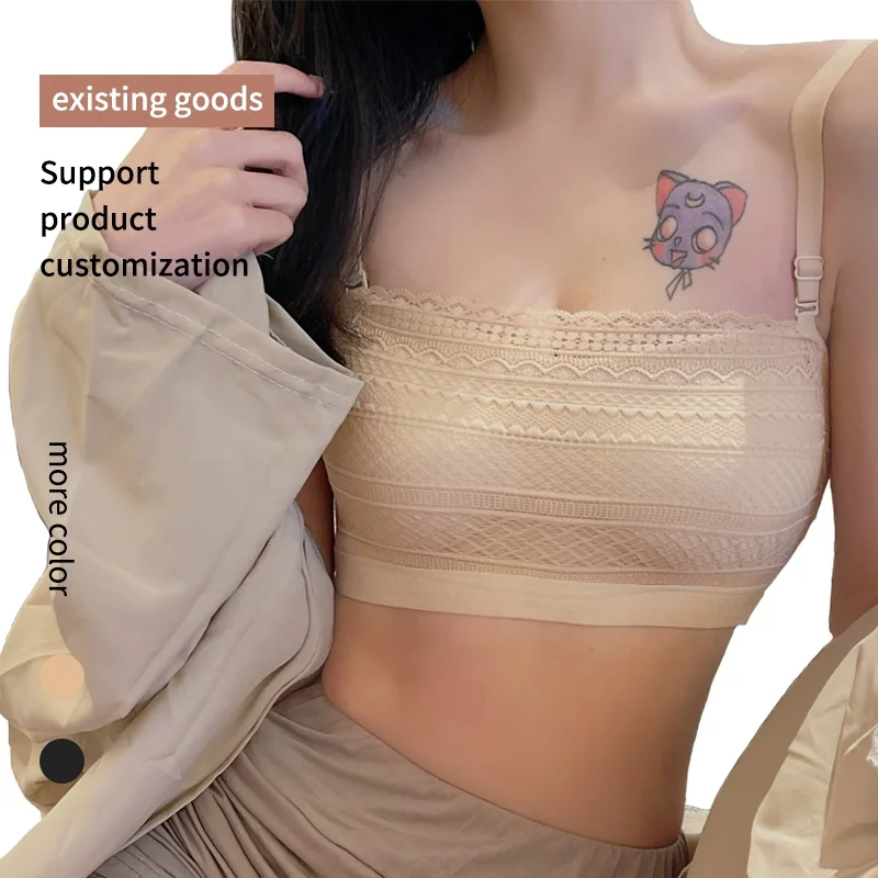 Removable Shoulder Strap Ladies Bandeau Adhesive Lace Tube Top Strapless Bra Sticky Lift Bustier Padded Seamless Bras For Women