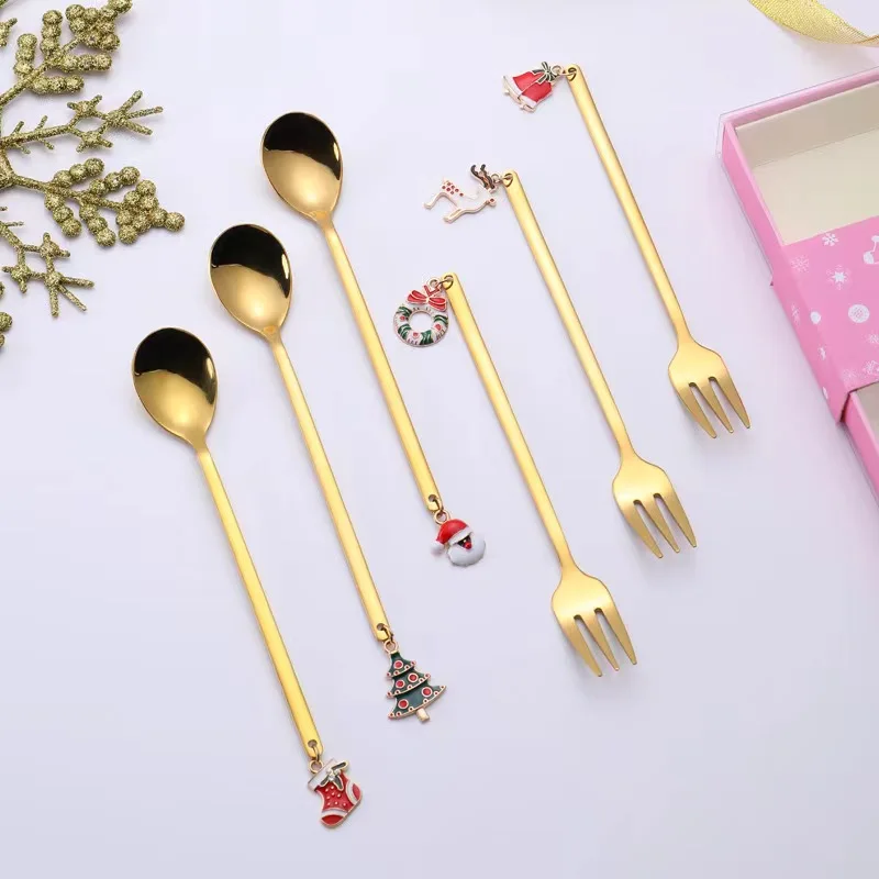 Cutlery Golden Spoon Set Christmas Coffee Spoon Gold Stainless Steel Metal 430 Food Grade Christmas gift  set