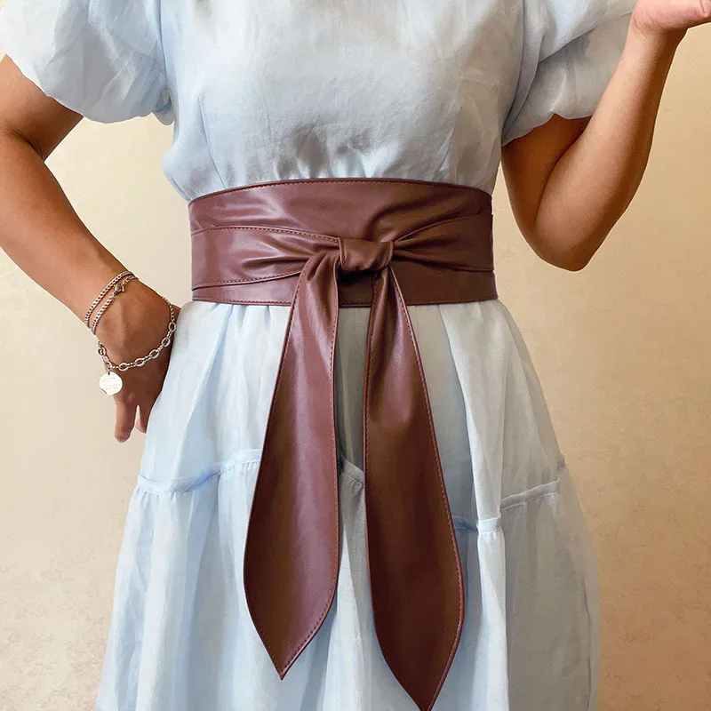 Women Corset Belts For Dress Soft Pu Leather Ties Bowknot Wide Waistband Ladies Coat Decoration Lace Up Belt