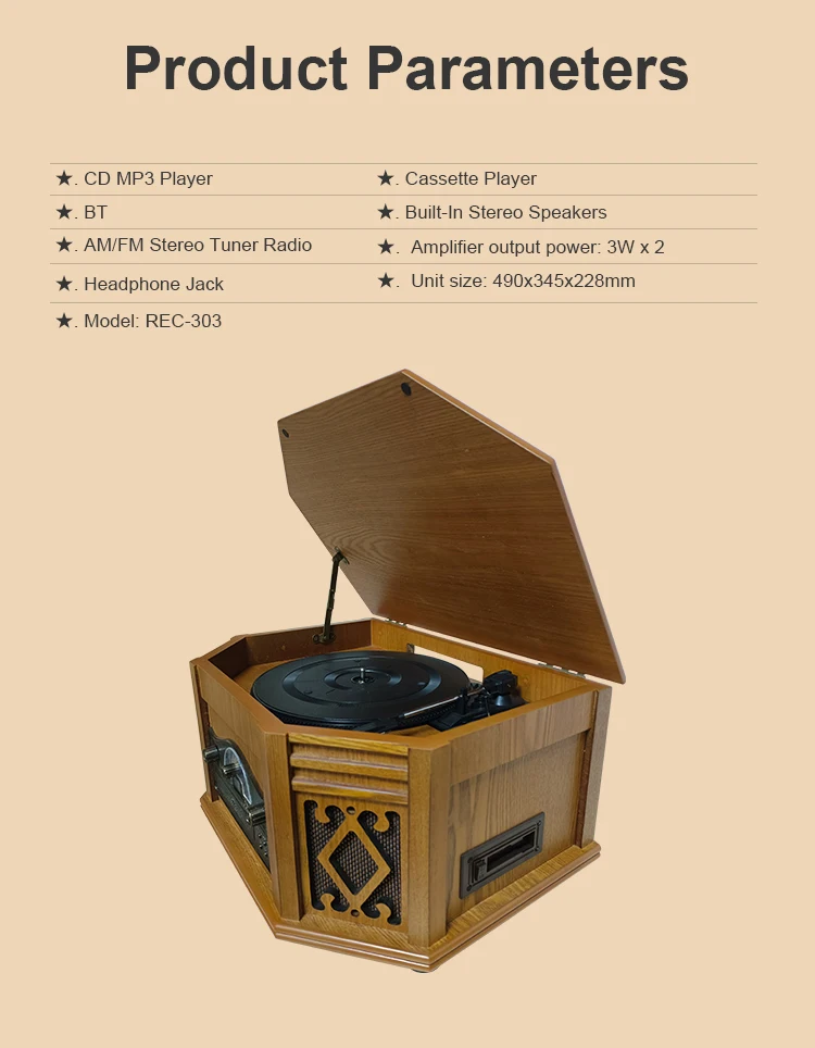 Belt-driven 3-Speed Wooden All-in-one CD/USB/Cassette/BT LP Turntable Vinyl Record Radio Player