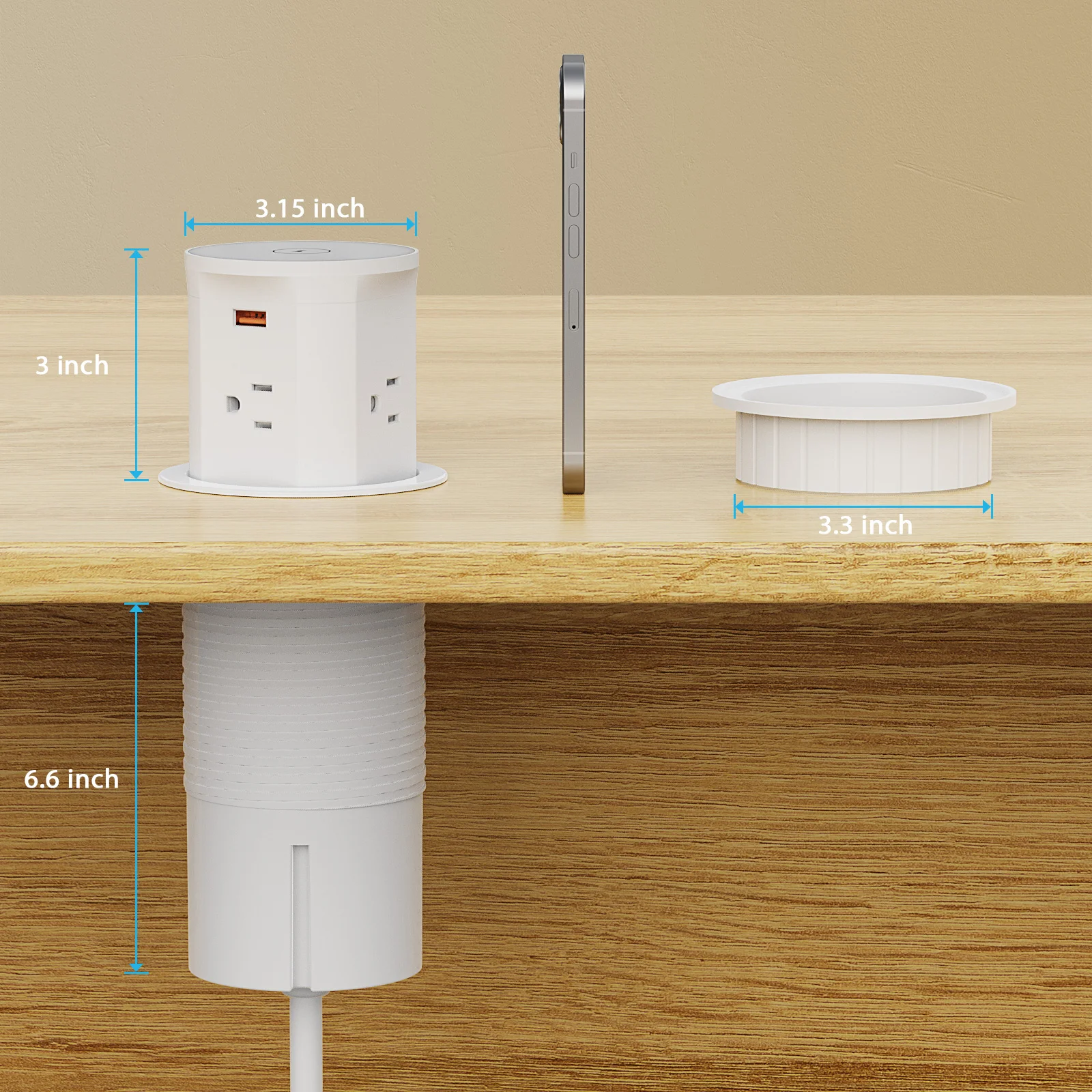 85mm Recessed Pneumatic Lift Pop Up Socket Retractable 4 AC Power Pop-Up Desktop Outlet Socket with 15W Wireless Charger