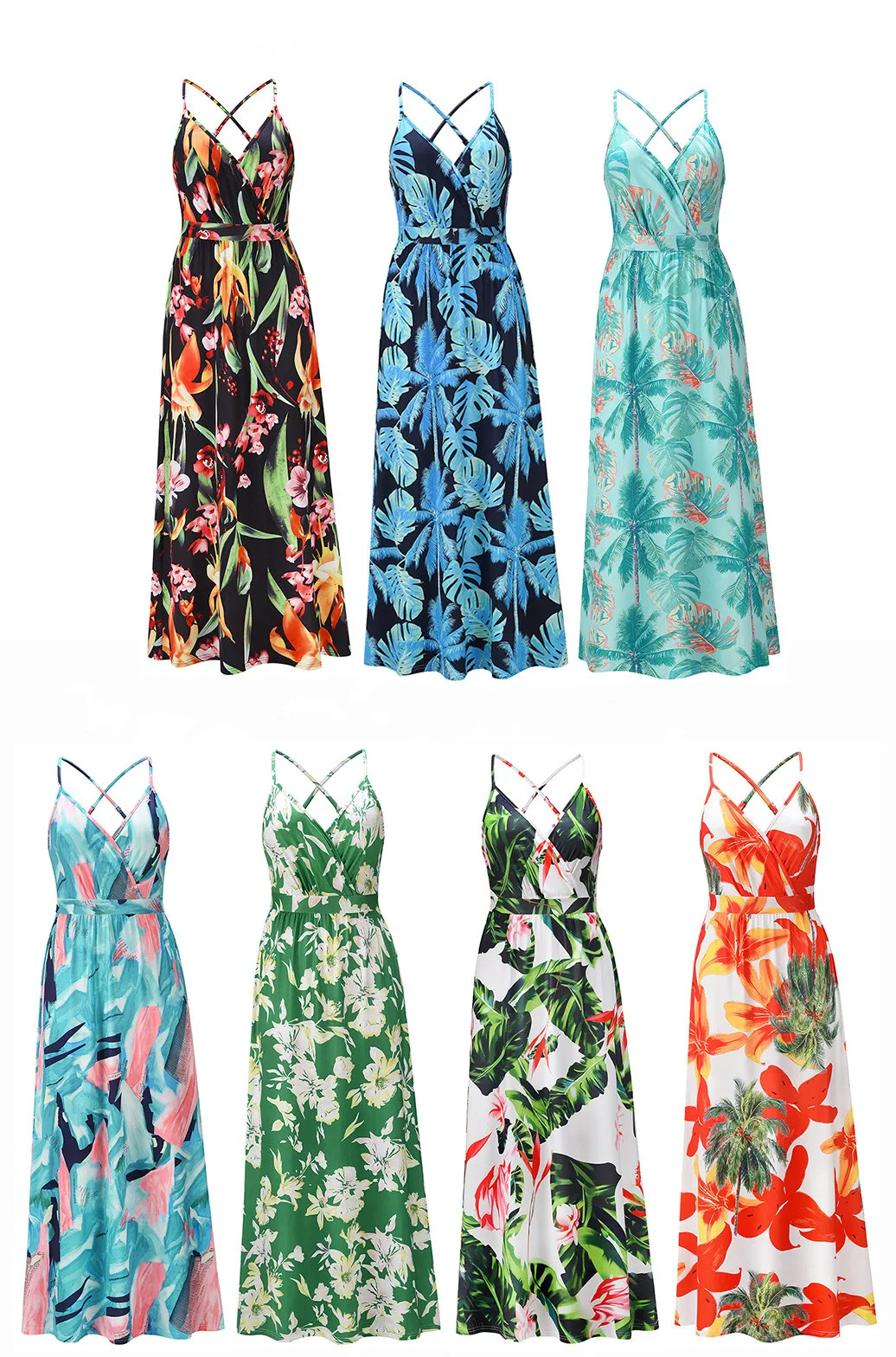 2023 Spring Summer Flower Printed Hawaii Dress Lady Sleeveless Patchwork Beach Vacation Long Women Maxi Casual Dresses