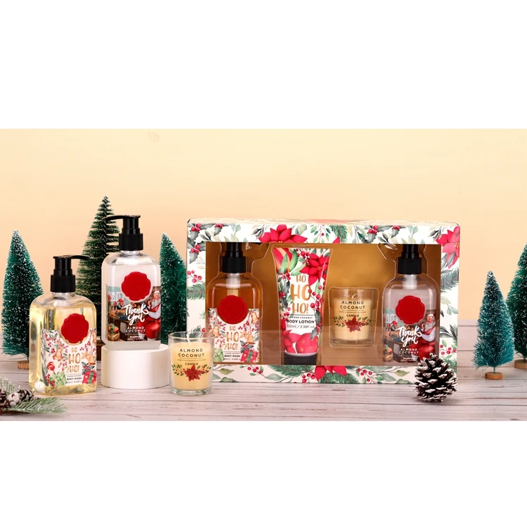 Wholesale 280ml body wash shampoo 100ml body lotion and 50g candle spa bath christmas gift set