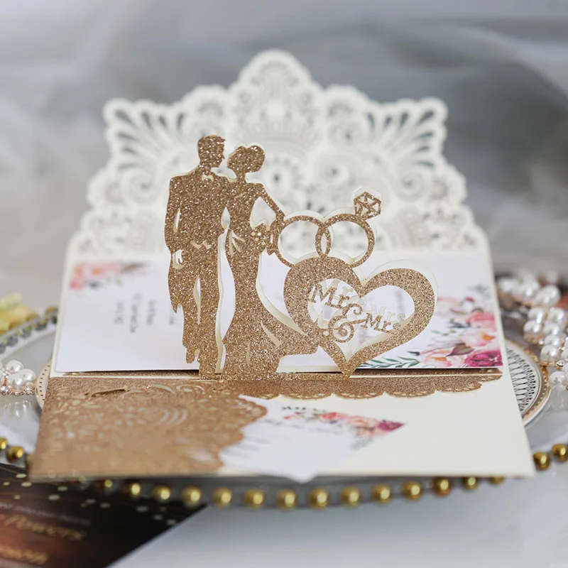 Hollow Bride Groom Glitter Invitations Luxury Wedding Cards With RSVP Cards