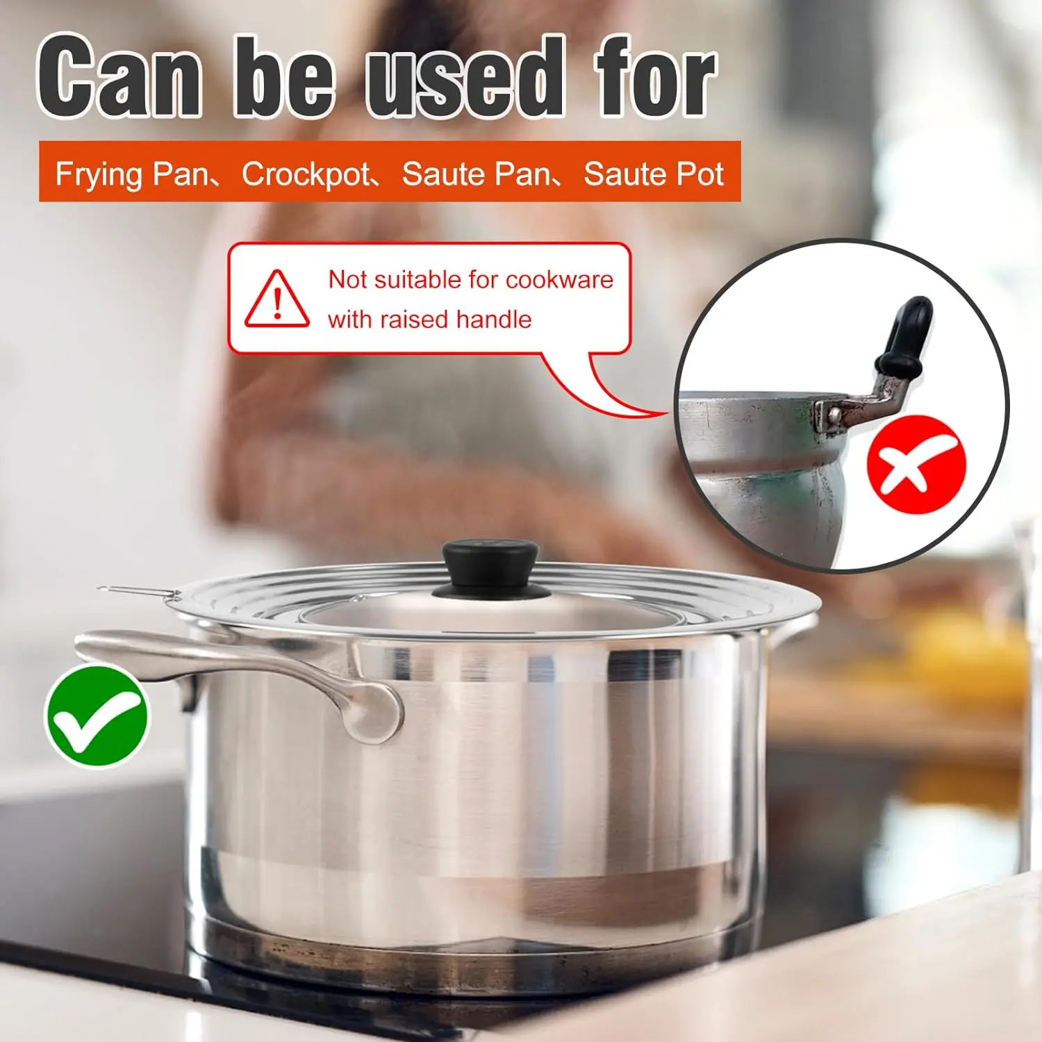 Universal lid for Pots and Pans Skillets Stainless Steel Pan Cover Fits 8.2-12.5 Inch Cookware Cast Iron Skillet Pot lids