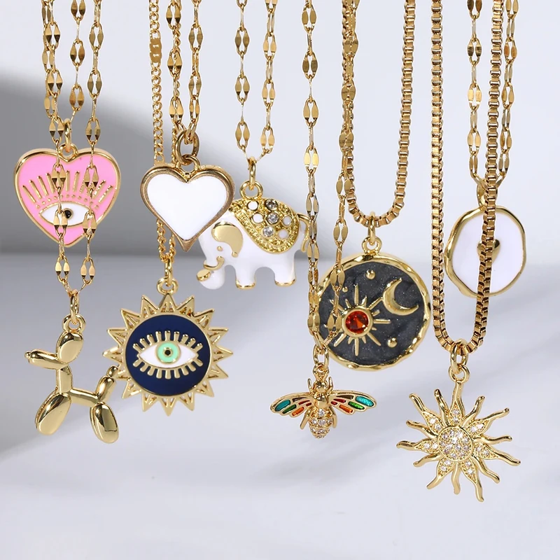 Trendy gold plated stainless steel chain heart eye cute animal pendant charm necklace jewelry for women girls