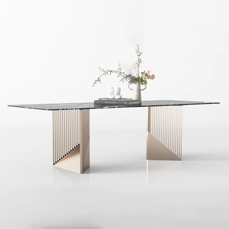 Luxury square stainless steel marble dining table and chairs set furniture