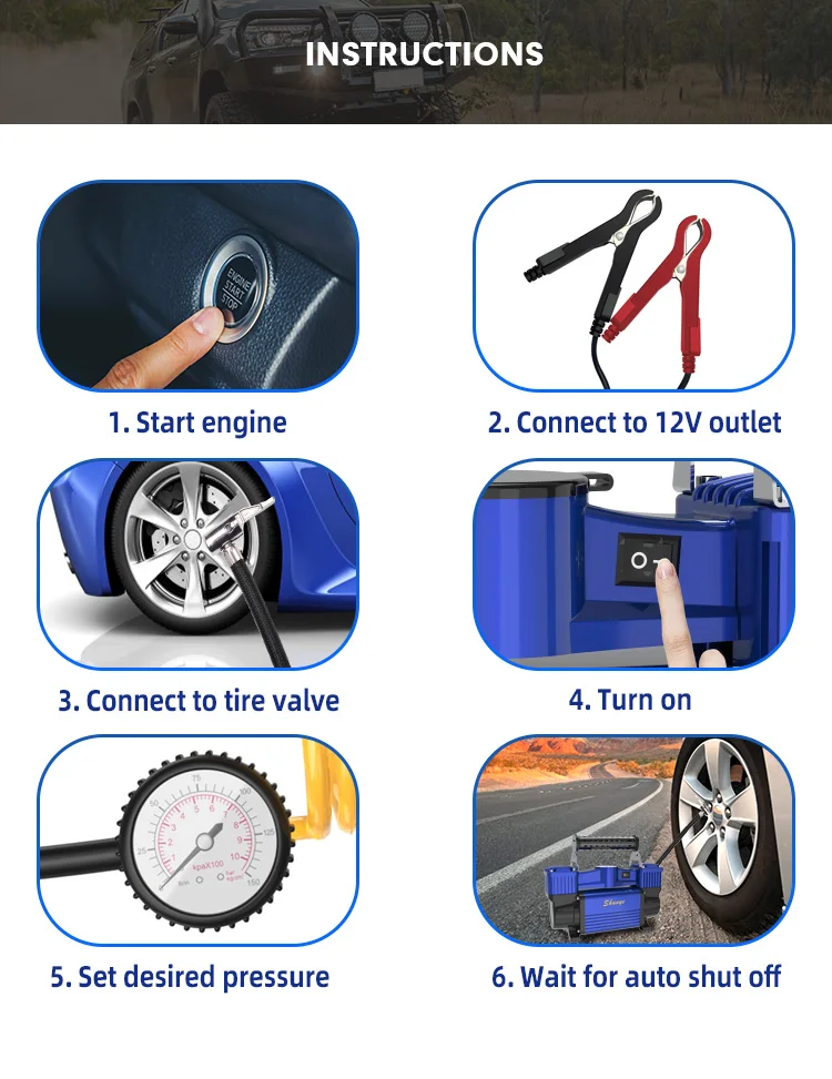 Heavy duty 12v tyre inflator, tire inflator digital air compressor kit 2 cylinder car air compressor