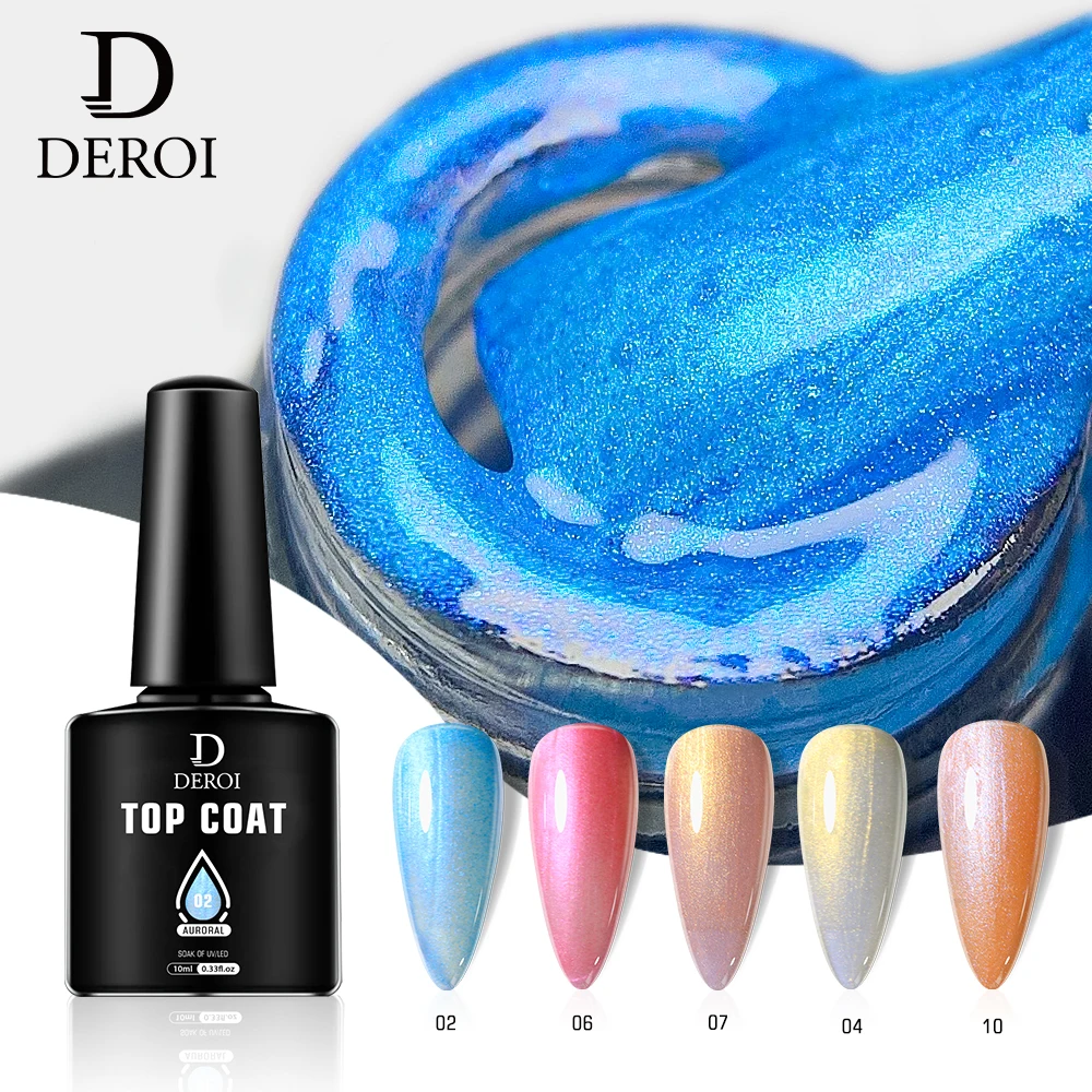 Deroi Aurora top coat gel polish 10 colors Shimmer no wipe top coat private label uv top coat