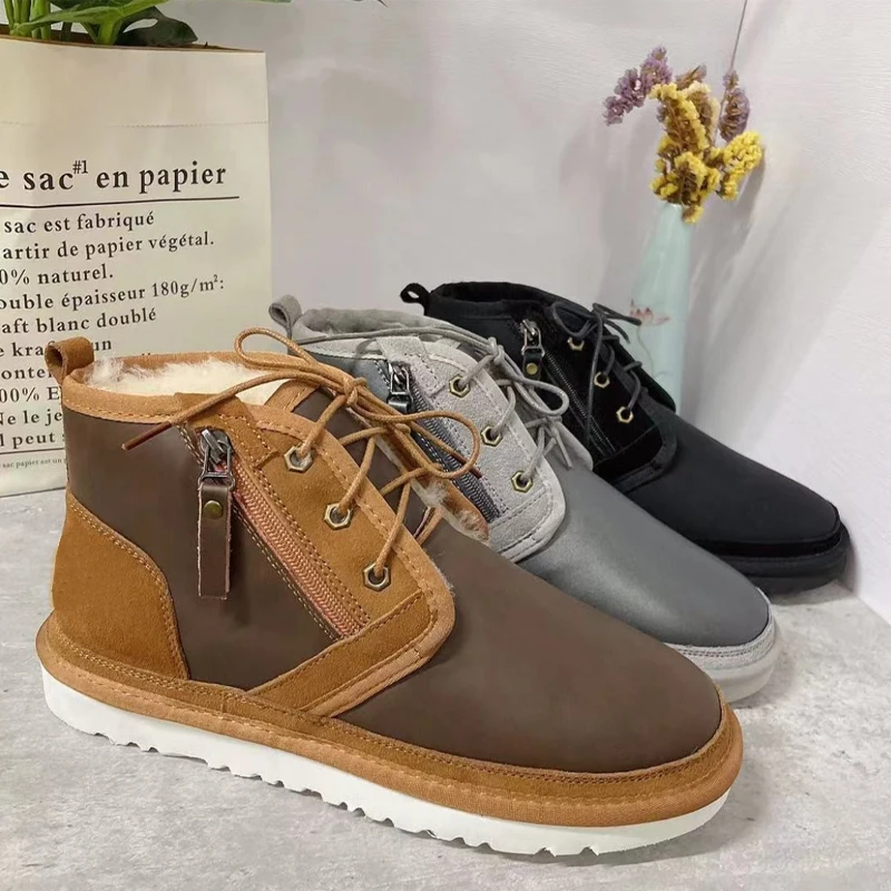 2021 New Designer Stylish Winter Lace Up Real Sheepskin Casual Ankle Leather Boots for Men