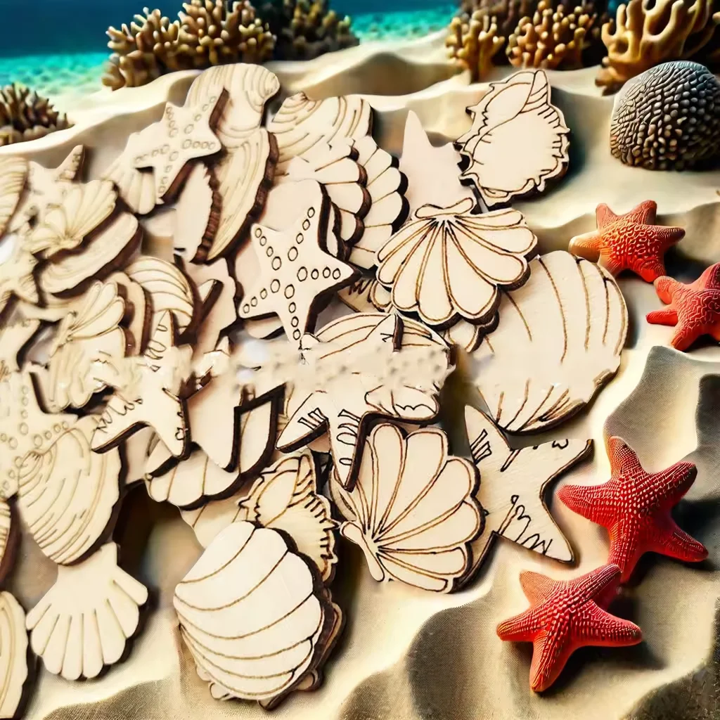 Ocean style wooden seashells, mermaids, turtles, starfish, corals, handmade creative painted wooden pieces