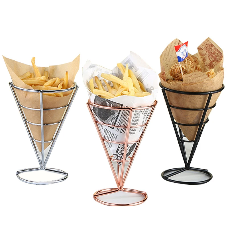 New Arrival Kitchen Metal Spiral Cone potato chips snack holder French Fry basket Food Display Wire Stands