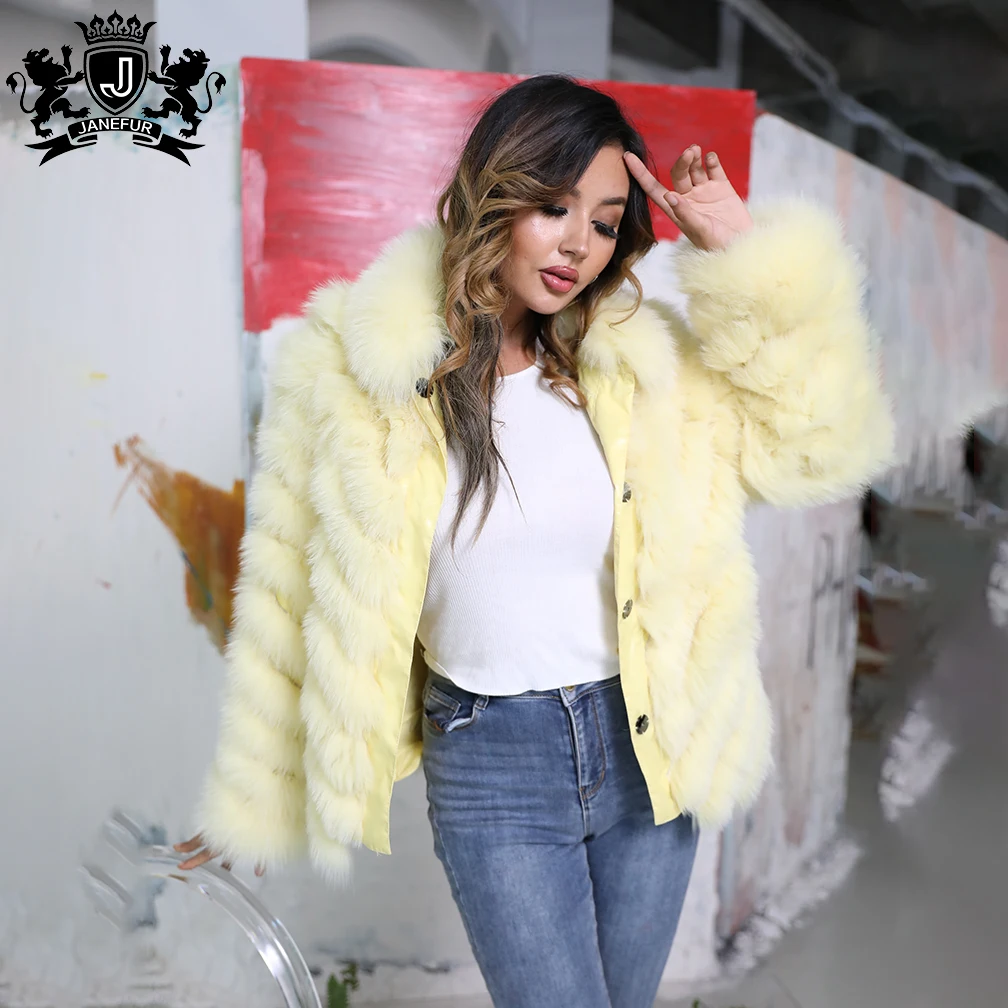 JANEFUR Factory Wholesale Fluffy Fox Fur Plus Size Reversible Wear Natural Fox Fur Jacket For Women