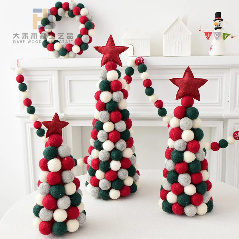 Creative Christmas Felt Tree Wool Ball Wreath Felt Garland Custom Crafts for Xmas Table Party Decoration Wall Hanging Ornaments