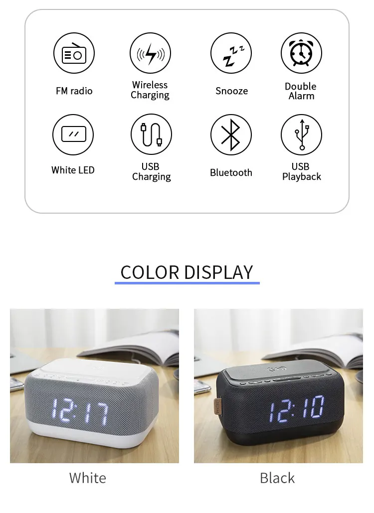 USB Digital Alarm Clock Built-In  bluetooth  wireless speaker Fm Fm Clock FM Wireless Charger radio