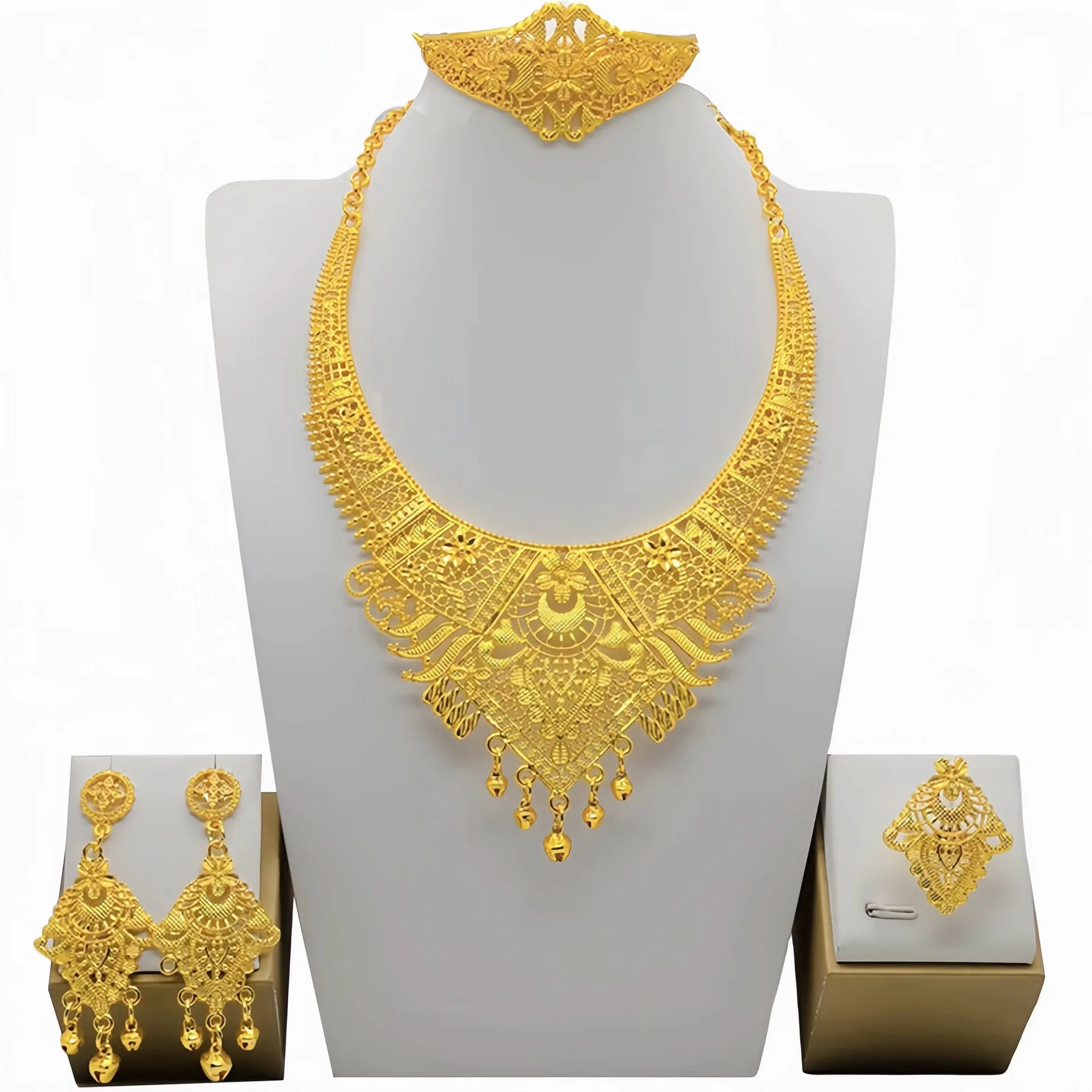 Dubai Luxury Jewelry Set 4 Piece Womens Full 24K Gold Plated necklace earrings bracelet and ring set