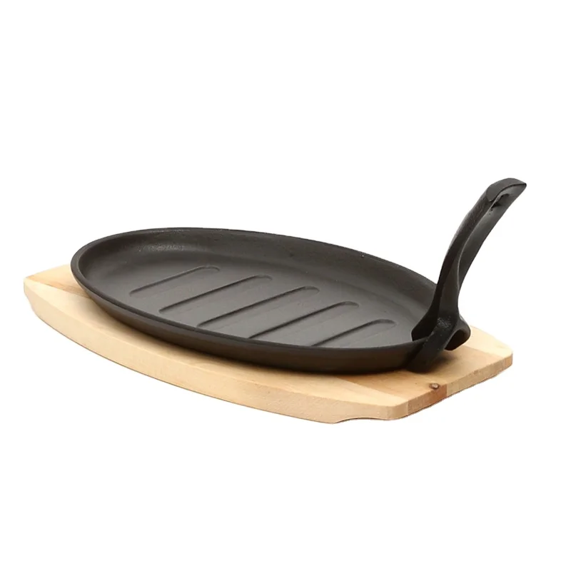 Wholesale Cast Iron Vegetable Oil Steak Sizzling Plate Pre-seasoned Pan With Wooden