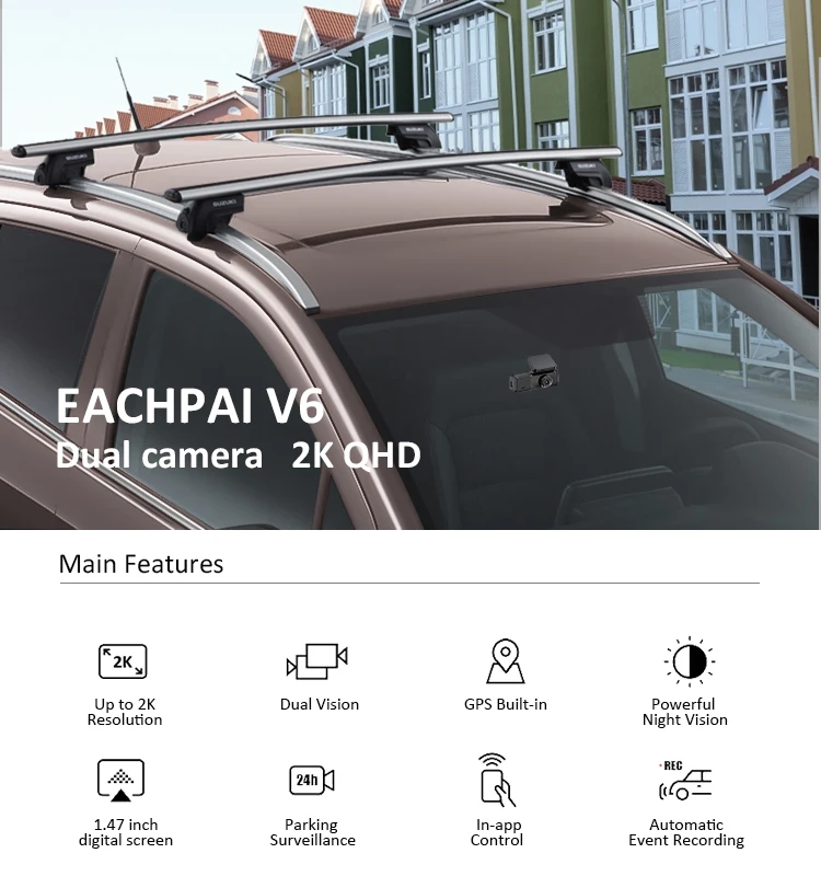 2K+1080P WiFi DashCam 2024 New Arrivals EACHPAI V6 car camera dash QHD 2K hot selling Car Black Box front and rear gps g-sensor