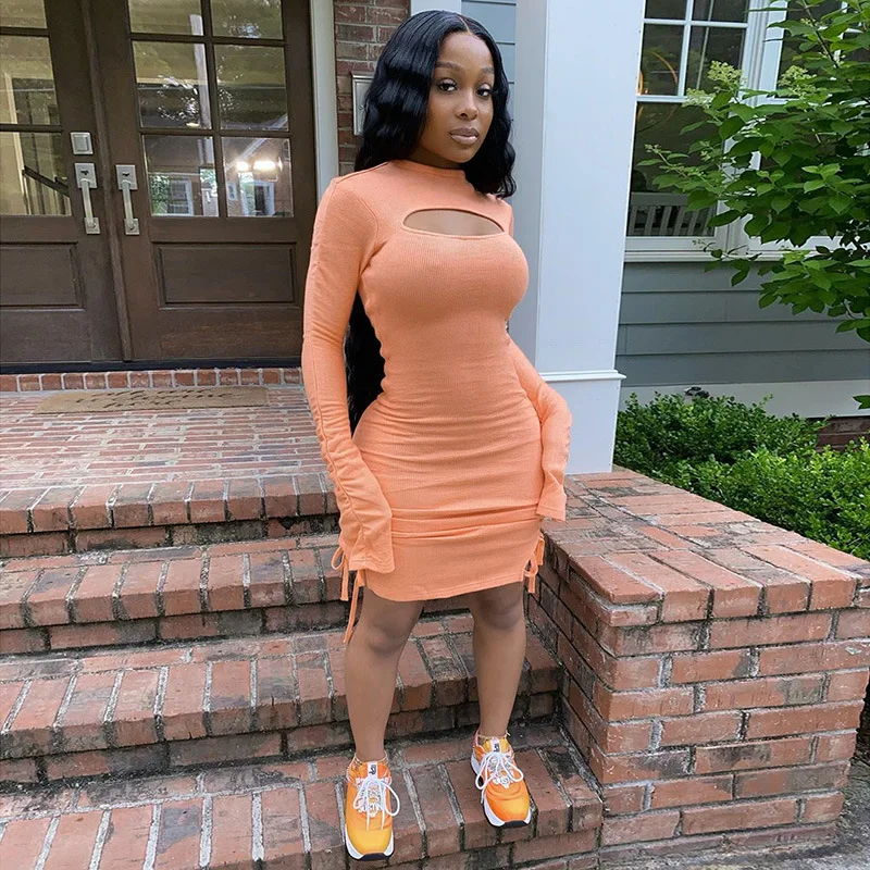 
Wholesale 2020 new trend beautiful girl bodycon crew neck hollow out hot night long pleated sleeves drawstring dress 