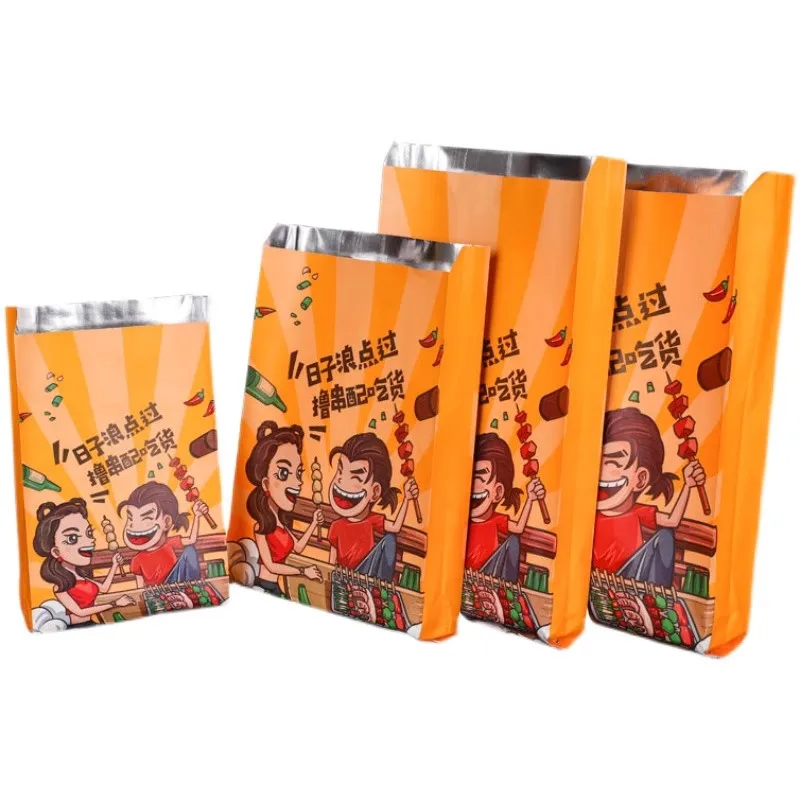 Custom Aluminum Foil Lined Paper Bag for Roast Chicken BBQ Fried Skewers Fast Food Takeaway Bag