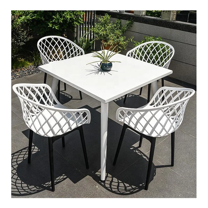 Nordic outdoor modern center hole square table with 4 stackable plastic chairs dining set with umbrella