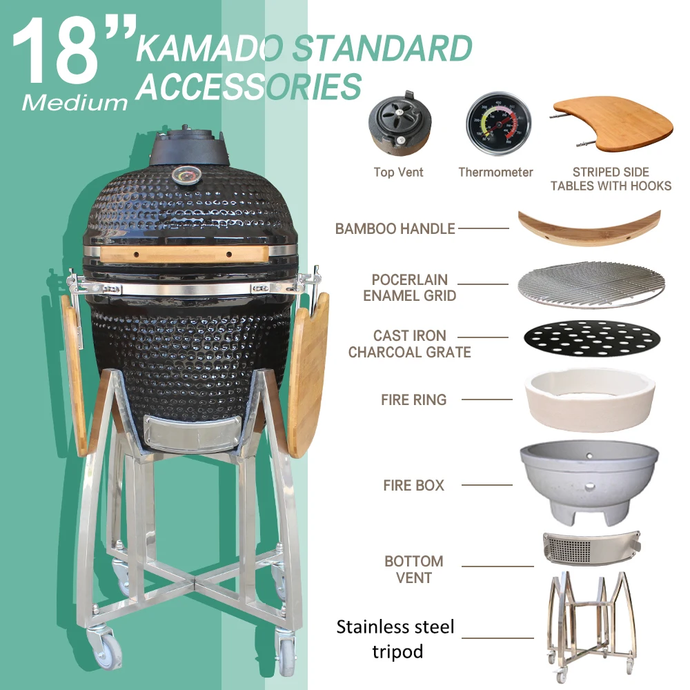 Auplex Big Green BBQ Pulgadas Egg Charcoal Ceramic barbeque Grill Kamado 18-inch Outdoor with stainless steel stand