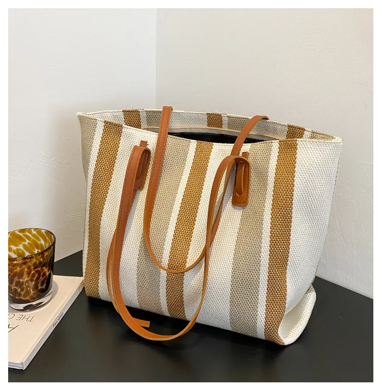 Wholesale Casual Outdoor Ladies Shoulder Handbags Large Capacity Simple Canvas Striped Zipper Tote Bags for Women