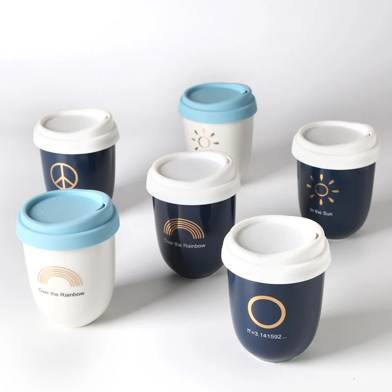 custom gold decal outdoor  leakproof 8oz ceramic tea coffee double wall travel mug with silicone lid