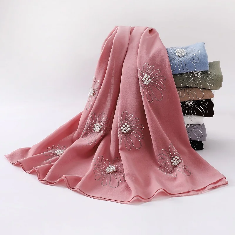 175*70CM Ladies Chiffon Shawls Muslim Long Soft Flower Pearl Chiffon Hijab Scarf For Women
