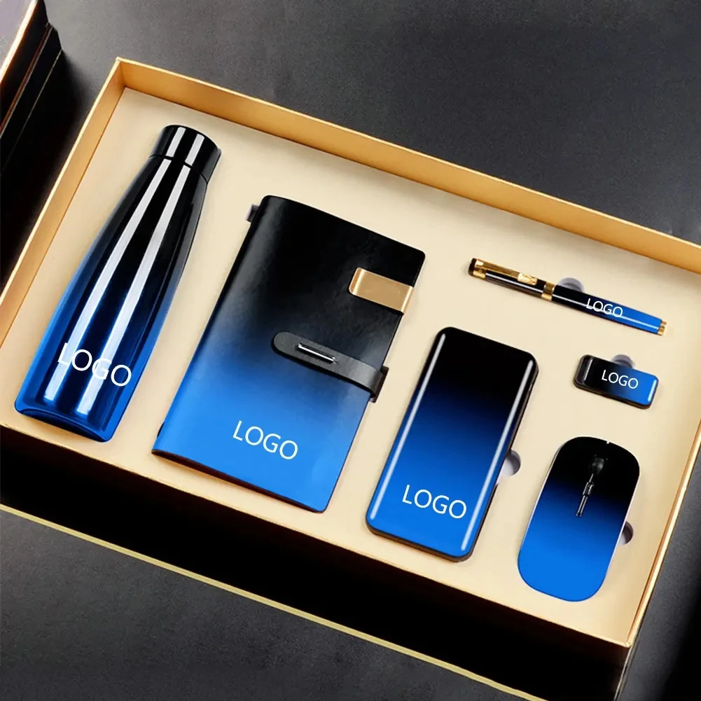 Free  Custom Corporate Luxury Gift Set 4-in-1 Promotion Business Kit with Power Bank Mouse Pen Flocking Graphic Print Christmas