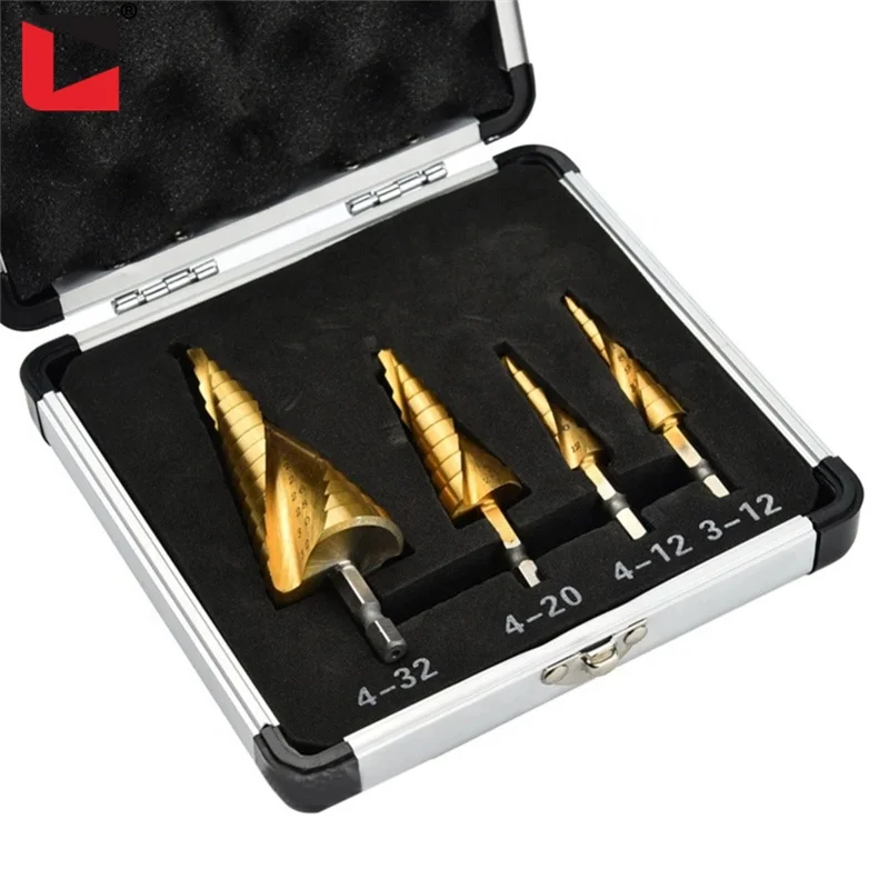 HSS 4pcs spiral flute titanium coated step drill bit set